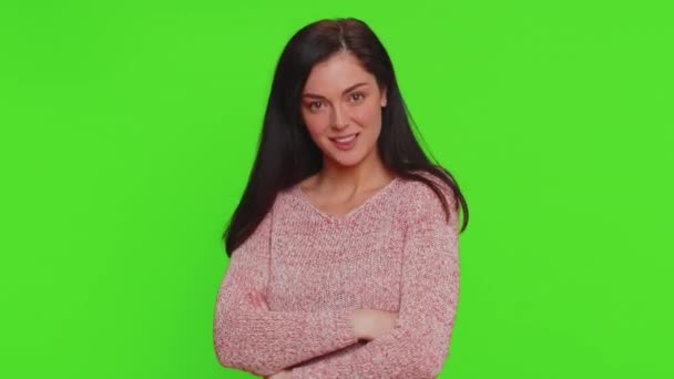 Smiling Playful Pretty Young Woman Sweater Blinking Eyes Looking Camera — Stockvideo