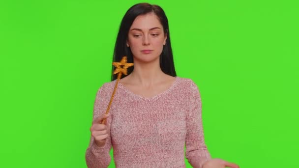 Magician Witch Woman Gesturing Magic Wand Fairy Stick Making Wish — Stockvideo
