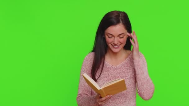 Happy Pretty Woman Reading Funny Interesting Fairytale Story Book Leisure — Vídeos de Stock