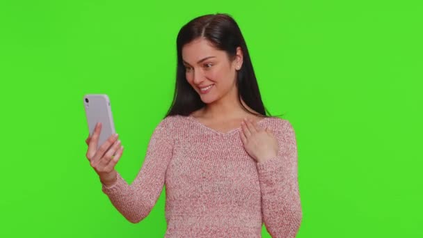 Pretty Young Woman Influencer Blogger Taking Selfie Smartphone Communicating Video — Stock Video