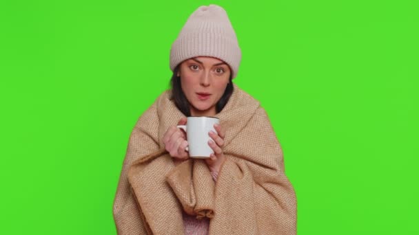 Sick Woman Wear Hat Wrapped Plaid Shivering Cold Drinking Hot — Wideo stockowe