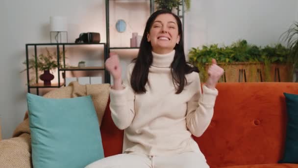 Happy Brunette Woman Shouting Celebrating Success Winning Goal Achievement Good — Stock video