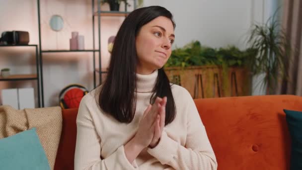 Please God Help Woman Brunette Hair Praying Sincerely Folded Arms — Stock Video