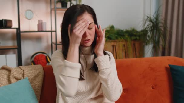 Displeased Brunette Woman Rubbing Temples Cure Headache Problem Suffering Tension — Video Stock