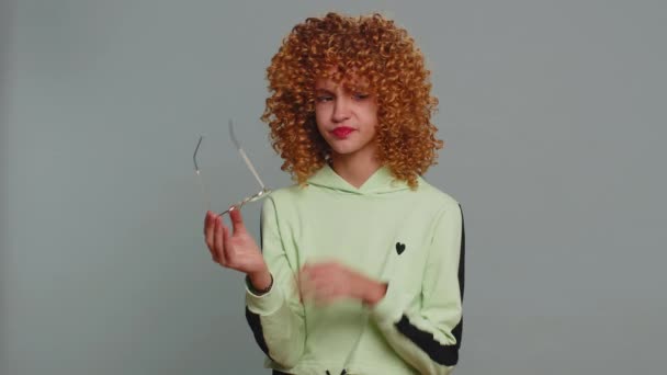 Exhausted Tired Teenager School Girl Curly Frizzy Hairstyle Takes Glasses — Vídeo de stock