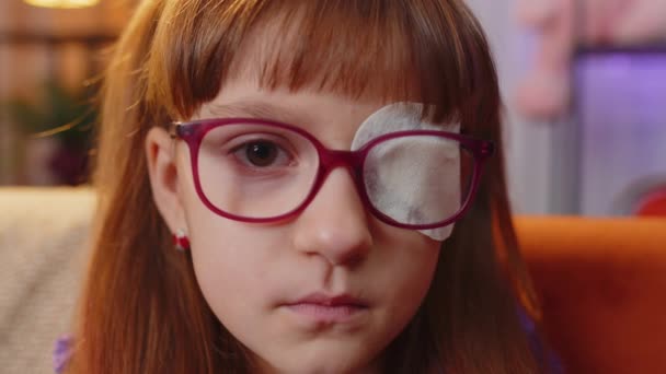 Sick Ill Toddler Girl Face Looking Camera Having Protective Bandage — Αρχείο Βίντεο