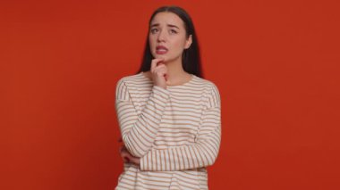 Eureka. Inspired pretty woman pointing finger up with open mouth, having good idea, plan, startup, showing inspiration motivation gesture, problem solution. Young girl isolated on red background