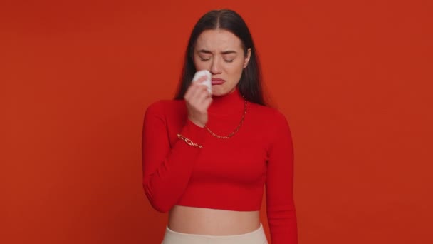 Upset Disappointed Pretty Young Woman Crop Top Wipes Tears Cries — Stockvideo