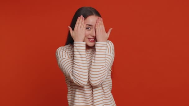 Nosy Curious Young Woman Closing Eyes Hand Spying Fingers Hiding — Stock videók