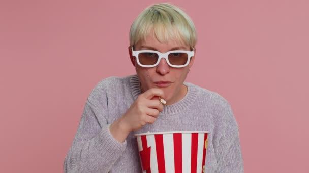 Excited Woman Glasses Eating Popcorn Watching Interesting Serial Sport Game — Vídeo de Stock