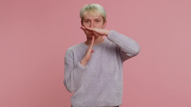 Tired Serious Upset Millennial Woman Short Hair Showing Time Out — Stock Video