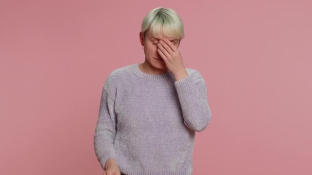 Exhausted Tired Millennial Woman Green Short Hair Takes Glasses Feels — Vídeo de stock