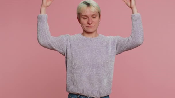 Keep Calm Relax Inner Balance Woman Short Hair Breathes Deeply — Αρχείο Βίντεο