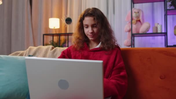 Preteen Girl Sits Couch Closing Laptop Finishing Education Playroom Home — Stock video