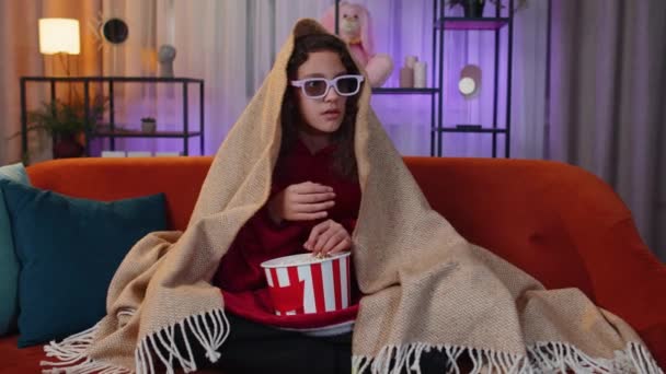 Excited Preteen Girl Glasses Eating Popcorn Watching Interesting Serial Sport — Stockvideo