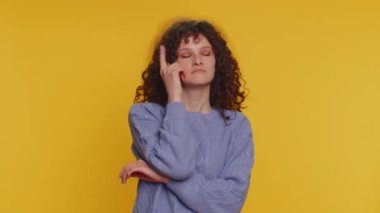 Eureka. Inspired woman pointing finger up with open mouth, having good idea, plan, startup, showing inspiration motivation gesture, problem solution. Young teen girl isolated on yellow background