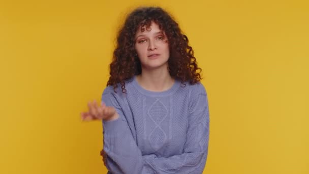 Quarrel Displeased Curly Haired Woman Gesturing Hands Irritation Displeasure Blaming — Stock videók