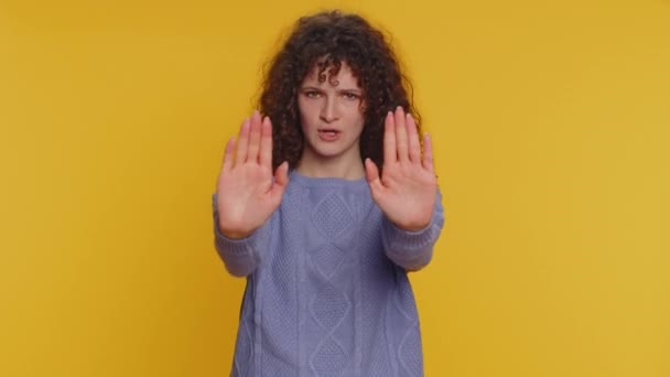 Stop Curly Haired Woman Say Hold Palm Folded Crossed Hands — Stockvideo