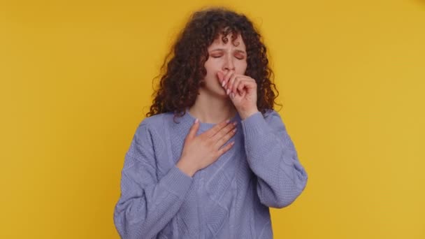 Unhealthy Curly Haired Woman Coughing Covering Mouth Hand Feeling Sick — стоковое видео