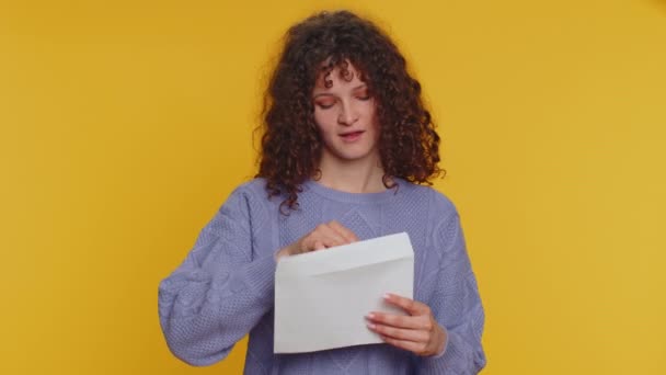 Young Student Woman Open Envelope Take Out Letter Reads Feel — Video Stock