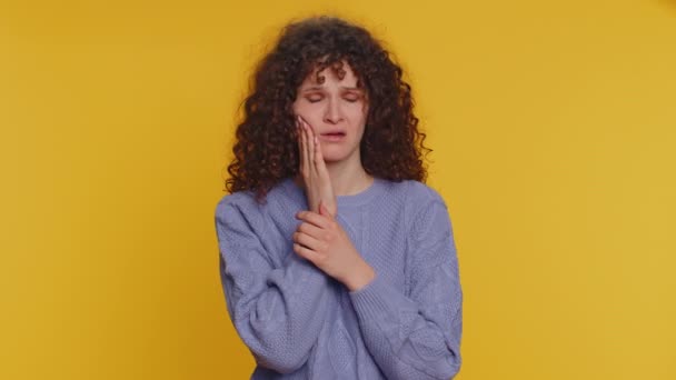 Hipster Curly Haired Woman Touching Sore Cheek Suffering Toothache Cavities — Wideo stockowe