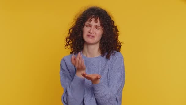Upset Disappointed Young Curly Haired Woman Wipes Tears Cries Despair — Stock videók