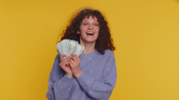 Rich Pleased Boss Millennial Woman Waving Money Dollar Cash Banknotes — Stok video