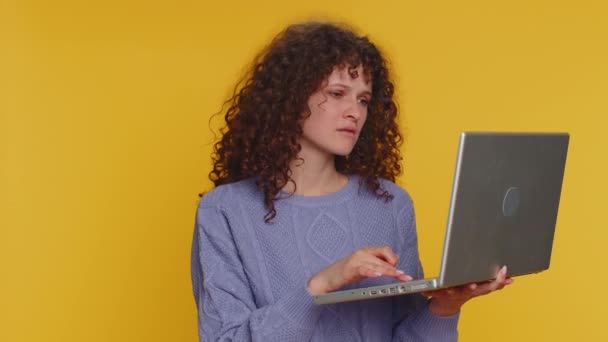 Young Curly Haired Woman Use Laptop Typing Browsing Working Loses — Vídeos de Stock