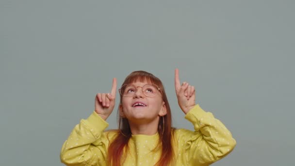 Happy Toddler Girl Showing Thumbs Pointing Empty Place Advertising Area — Stock video