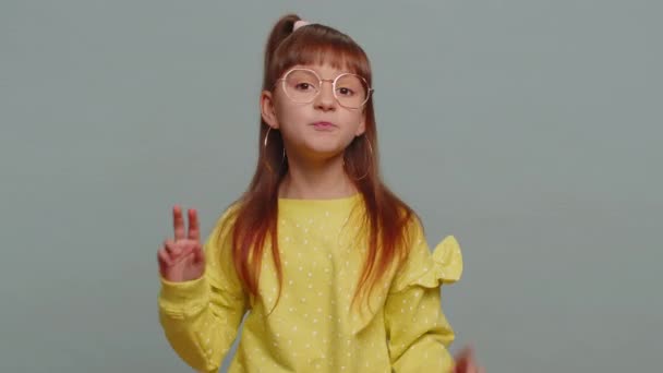 Dont Want Confused Toddler Girl Glasses Pointing Fingers Herself Ask — Vídeo de Stock