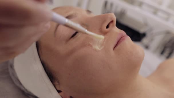 酶的治疗 美容师在年轻女子脸上用刷子涂润肤药用剥皮膏面膜 在温泉上做女童护肤手术 面部美容术治疗 天然化妆品 — 图库视频影像