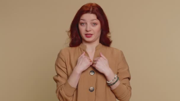 Dont Want Confused Displeased Young Ginger Woman Blouse Pointing Fingers — Vídeo de Stock