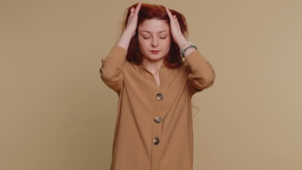Hipster Young Redhead Woman Blouse Rubbing Temples Cure Headache Problem — Videoclip de stoc