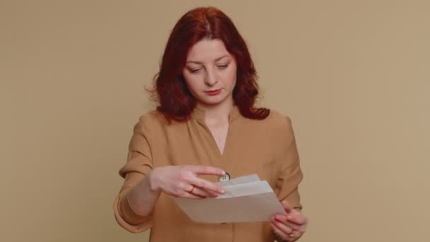 Young Redhead Student Woman Open Envelope Take Out Letter Reads — Stock video