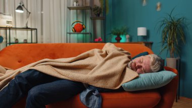 Yorgun orta yaşlı bir adam yatakta uzanıyor ve evde dinleniyor. Tasasız, olgun, yaşlı, kır saçlı, şekerleme yapan, rahat bir kanepede yastıklarla uyuyan bir adam. Gözlerini kapadı. Gece uykusunun tadını çıkardı.