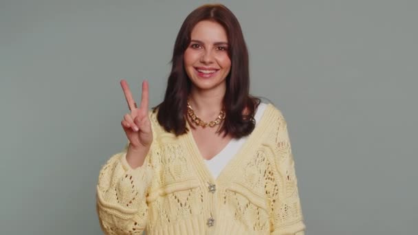 Hipster Pretty Woman Cardigan Showing Victory Sign Hoping Success Win — Stockvideo