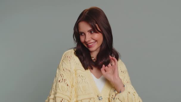 Smiling Playful Pretty Young Woman Cardigan Blinking Eyes Looking Camera — Video Stock