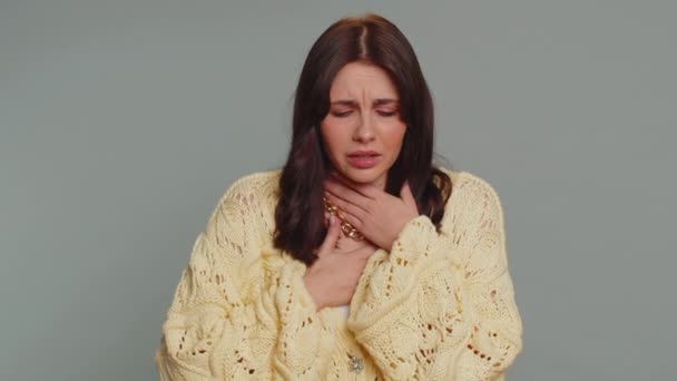 Unhealthy Pretty Woman Coughing Covering Mouth Hand Feeling Sick Allergy — Stok video
