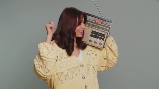 Lovely Woman Using Retro Tape Record Player Listen Music Disco — Stok video