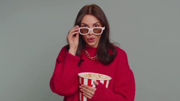 Excited Pretty Woman Glasses Eating Popcorn Watching Interesting Home Serial — Stockvideo