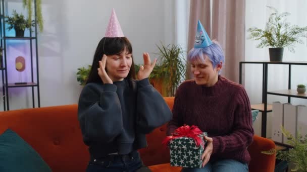 Two Homosexual Lesbian Women Family Couple Celebrating Birthday Surprised Gift — Stock Video