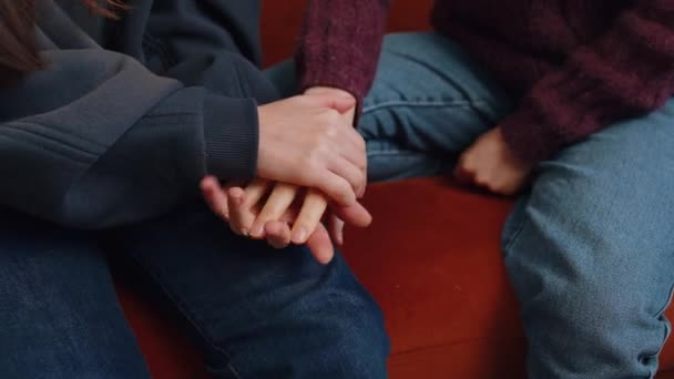 2人のレズビアン女性の家族のカップルのクローズアップ 女の子の友人が一緒に手を愛撫保持し ソファに座っている自宅の部屋で互いに愛を示しています 女性関係Lgbt同性間の人々の概念 — ストック動画