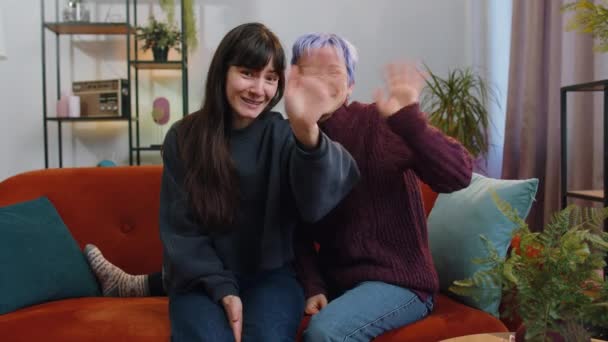 Δύο Λεσβίες Οικογενειακό Ζευγάρι Φίλες Που Χαμογελούν Φιλικά Στην Κάμερα — Αρχείο Βίντεο