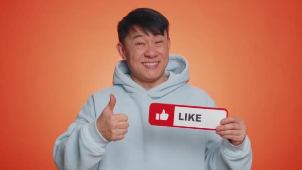 Asian Happy Man Showing Banner Sign Love Comment Share Banners — Vídeo de stock