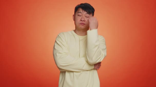 Sad Asian Man Tired Bored Indifferent Expression Exhausted Tedious Story — Vídeo de Stock