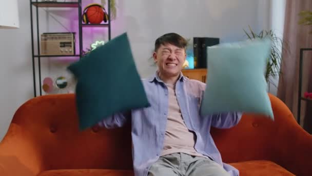 Repair Work Neighbours Irritated Asian Man Relaxing Couch Cover Ears — Stockvideo