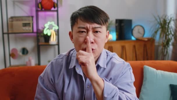 Shh Quiet Hush Please Asian Man Presses Index Finger Lips — Stockvideo