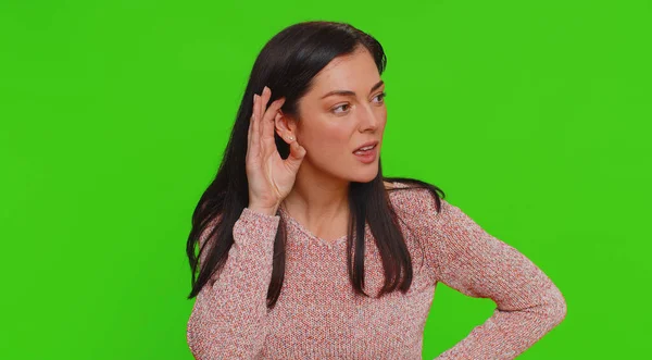 I cant hear you. What. Young woman trying hear you, looking confused and frowning, keeping arm near ear for louder voice, asking to repeat to hear information, deafness. Girl on chroma key background