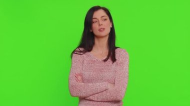 Eureka. Inspired woman pointing finger up with open mouth, having good idea, plan, startup, showing inspiration motivation gesture, problem solution. Young girl isolated on green chroma key background