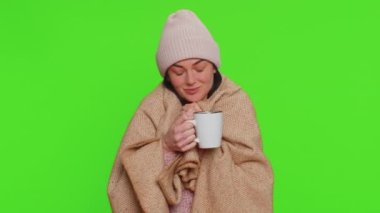 Sick woman wear hat wrapped in plaid shivering from cold, drinking hot tea in unheated apartment without heating due debt. Unhealthy girl feeling discomfort try to warming up on chroma key background